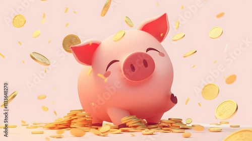 Cute Piggy Bank Surrounded by Falling Coins in a Bright Background