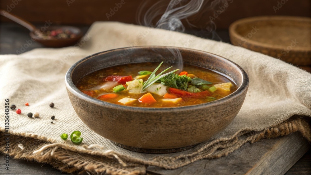 Nestled within rough linen an aged stoneware bowl overflows with aromatic bone broth its warmth evident as thin wisps of steam dance in the air. The broth is a deep amber hue Nestled within rough linen an aged stoneware bowl overflows with aromatic bone broth its warmth evident as thin wisps of steam dance in the air. The broth is a deep amber hue