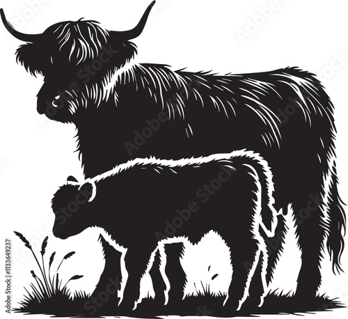 A Highland Cow silhouette with a baby calf nearby vector