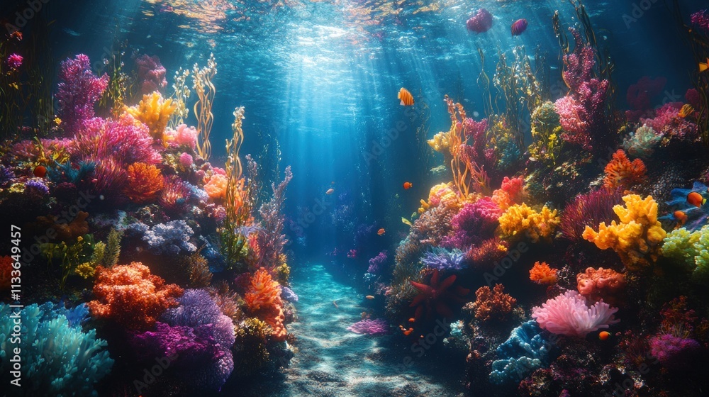 Fototapeta premium Vibrant coral reef, colorful fish, underwater scene.