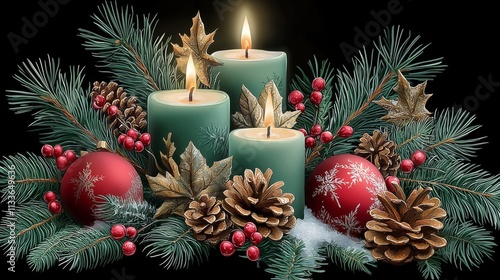 Decorative holiday arrangement featuring green candles, ornaments, and pine branches for festive celebrations photo