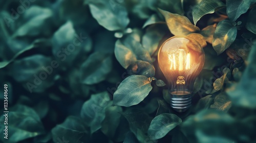 28.Conceptual image of a bright wireless light bulb, nestled in green leaves, representing environmental sustainability and the promise of carbon-neutral energy solutions in an eco-focused design. photo