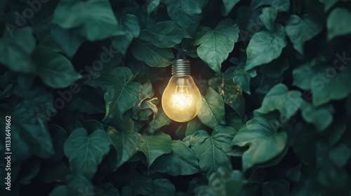 28.Conceptual image of a bright wireless light bulb, nestled in green leaves, representing environmental sustainability and the promise of carbon-neutral energy solutions in an eco-focused design. photo