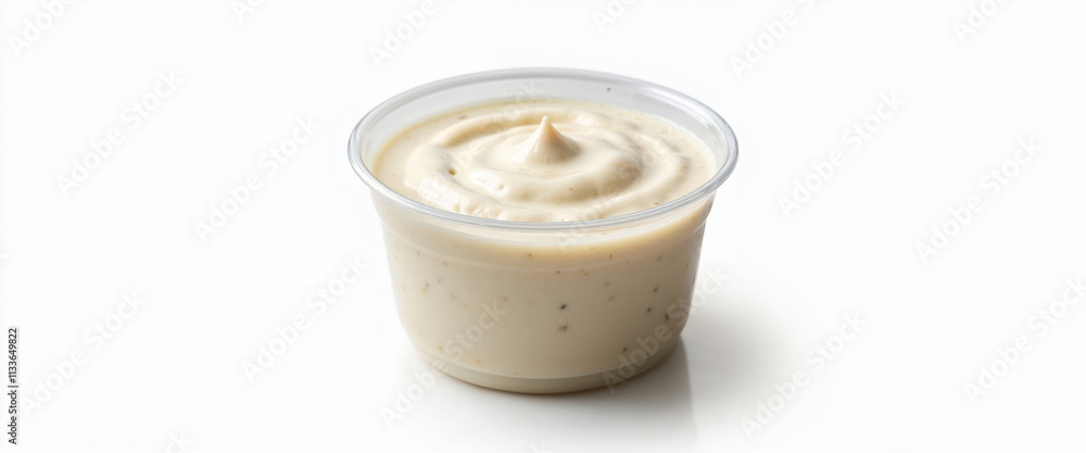 Creamy white sauce in small plastic container Creamy white sauce in small plastic container