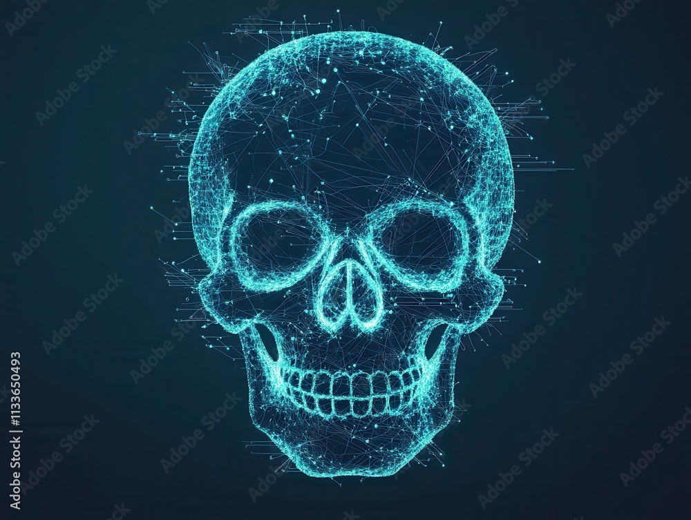 Concept of spam call fraud. A glowing, digital representation of a skull on a dark background, showcasing a futuristic, holographic design. Concept of spam call fraud. A glowing, digital representation of a skull on a dark background, showcasing a futuristic, holographic design.