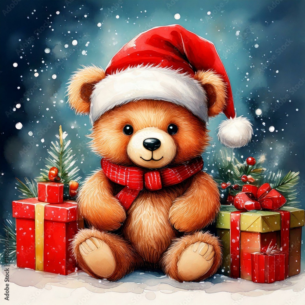 Greeting Christmas card Cute Teddy Bear in a Santa hat with gifts Greeting Christmas card Cute Teddy Bear in a Santa hat with gifts