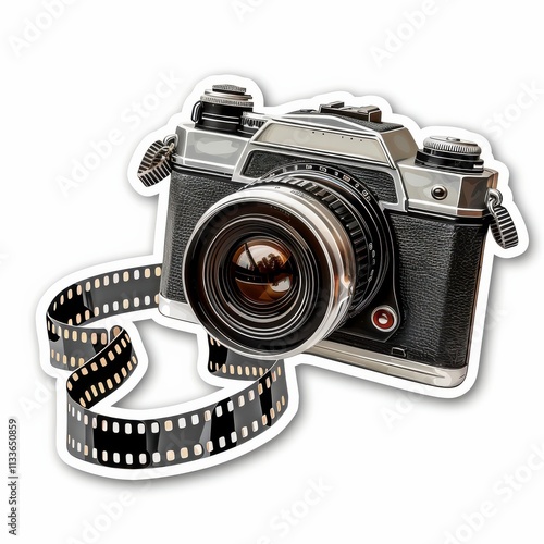 Vintage Camera Sticker Design With Film Strip Beside It Featuring Nostalgic Photography Elements. Generative AI
