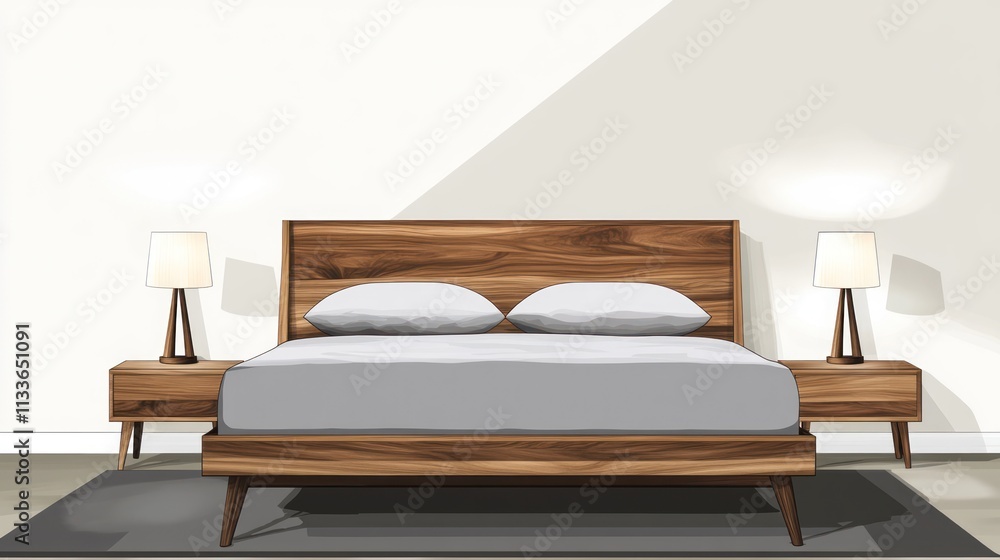Modern bedroom with wooden bed, nightstands, lamps, and grey bedding. Modern bedroom with wooden bed, nightstands, lamps, and grey bedding.