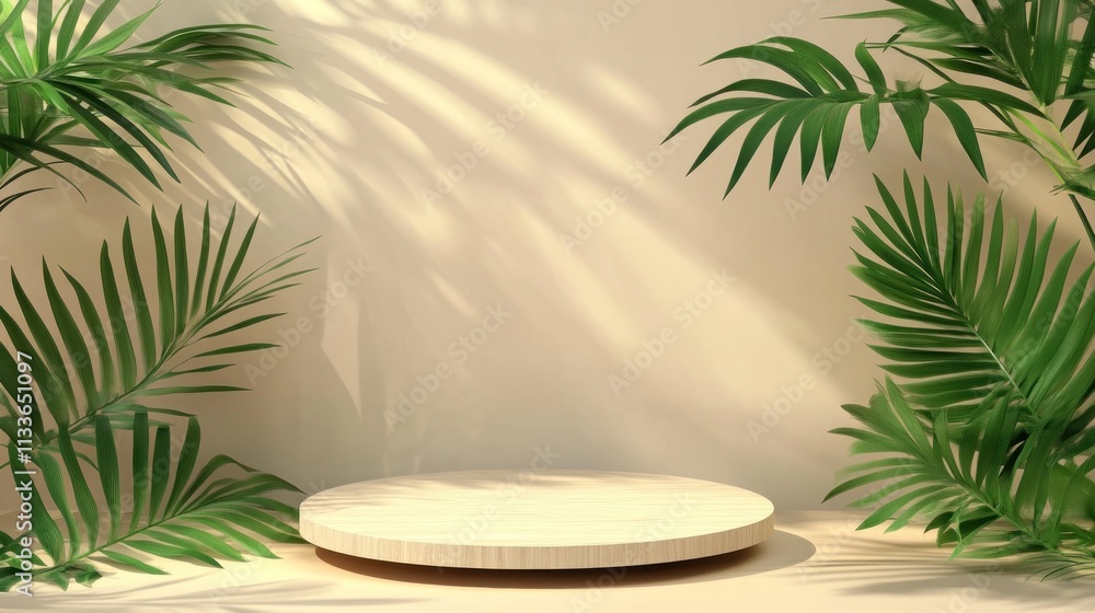 Wooden Platform Displayed With Lush Tropical Greenery Wooden Platform Displayed With Lush Tropical Greenery