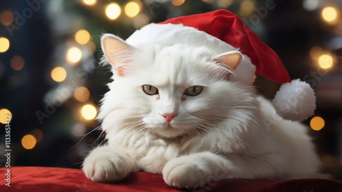 white cat on santa hat, at Christmas