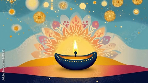 Diwali celebration illustrated. Vibrant design template. Decorative lamp with golden lights. Colorful mandala background. Perfect for festival of lights. Warm colors. Cultural scene. Spiritual photo