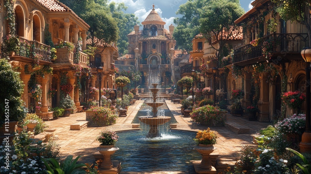 Sunlit, floral courtyard with fountain, ornate buildings. Sunlit, floral courtyard with fountain, ornate buildings.