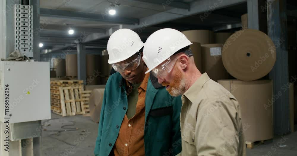 Two men in protective helmets and glasses are talking standing in a paper mill Two men in protective helmets and glasses are talking standing in a paper mill