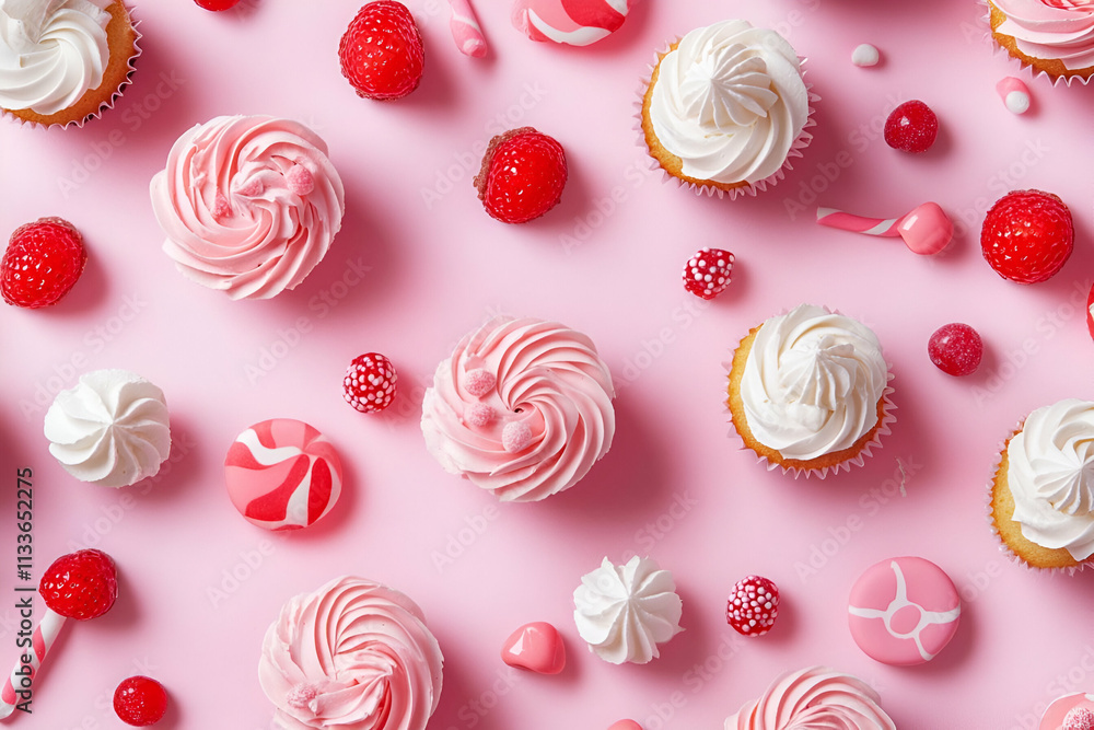 A colorful arrangement of cupcakes and candies on a pink background, perfect for celebrations. A colorful arrangement of cupcakes and candies on a pink background, perfect for celebrations.