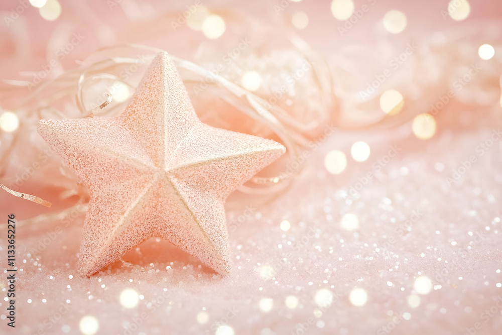 A pink star decoration surrounded by soft lights and sparkles, creating a festive atmosphere. A pink star decoration surrounded by soft lights and sparkles, creating a festive atmosphere.