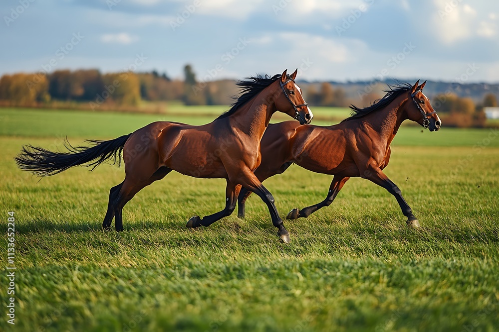 Two Majestic Chestnut Horses Galloping Across Lush Green Meadow Under a Partly Cloudy Sky Two Majestic Chestnut Horses Galloping Across Lush Green Meadow Under a Partly Cloudy Sky