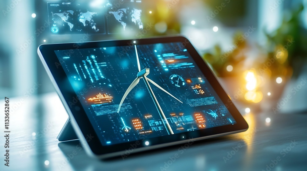 A tablet displaying a virtual 3D model of a wind turbine with holographic projections showcasing real time efficiency and environmental data A tablet displaying a virtual 3D model of a wind turbine with holographic projections showcasing real time efficiency and environmental data
