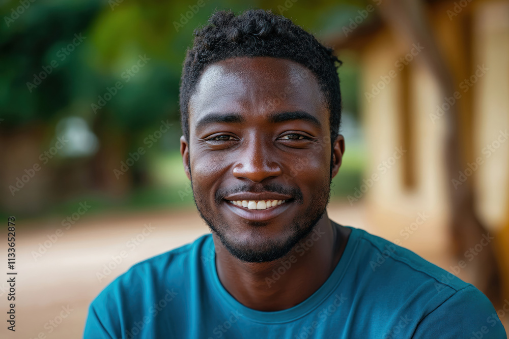 Young Zambian man smiles warmly at camera outdoors. Outdoor setting provides blurred background. Man looks happy, friendly. Photo captures positive energy, joyful expression. Ideal for use in social Young Zambian man smiles warmly at camera outdoors. Outdoor setting provides blurred background. Man looks happy, friendly. Photo captures positive energy, joyful expression. Ideal for use in social