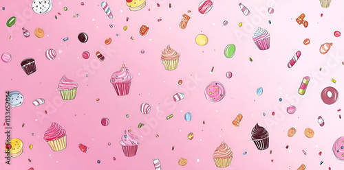 A whimsical illustration of various desserts and candies on a pink background.