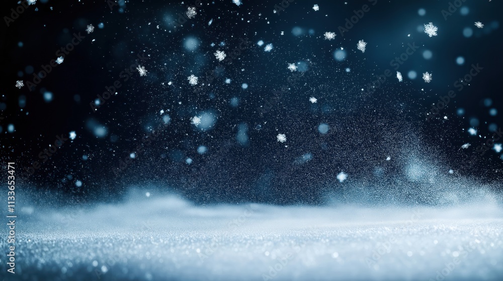 Obraz premium Winter wonderland scene shows snowfall on dark background. Snowflakes swirl around in magical atmosphere. Blue tones add mystical feel. Perfect for holiday greeting cards, website backgrounds,