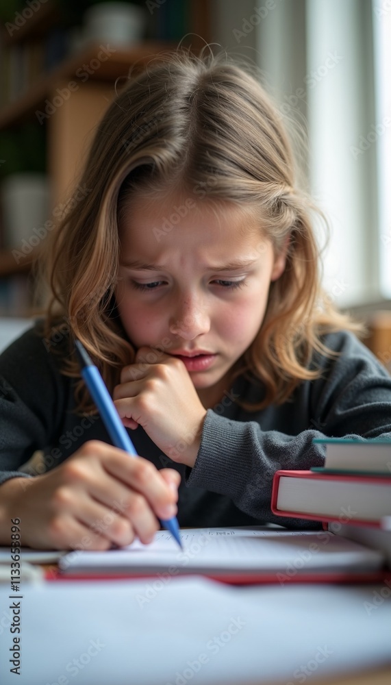 Close-up of young student nervously biting lip while gripping pen, surrounded by textbooks and notes in soft natural light Close-up of young student nervously biting lip while gripping pen, surrounded by textbooks and notes in soft natural light