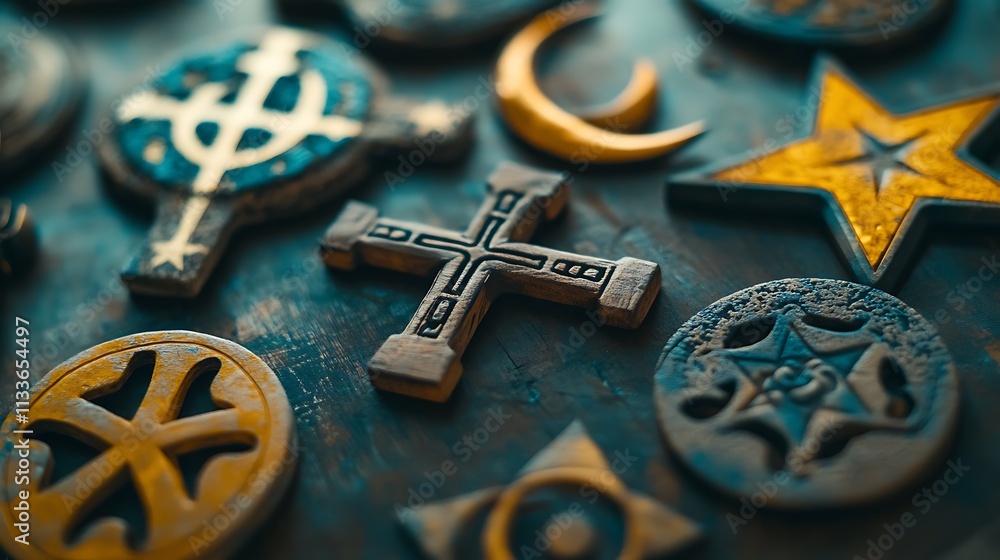 Fototapeta premium A close-up shot of various religious symbols such as a cross, crescent moon, Star of David, and Om sign arranged together on a table 