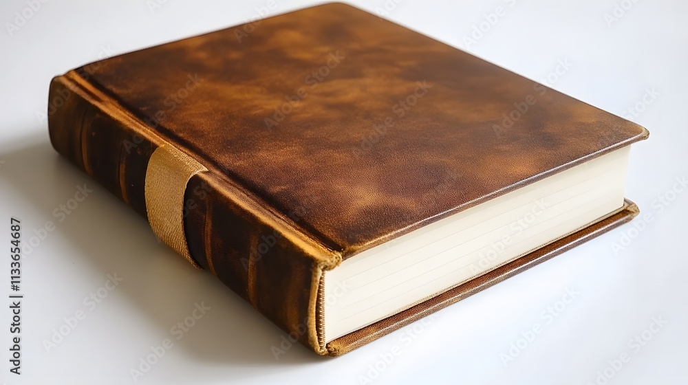 Antique-style leather-bound book with aged, brown cover and cream-colored pages, resting on a white surface. Antique-style leather-bound book with aged, brown cover and cream-colored pages, resting on a white surface.
