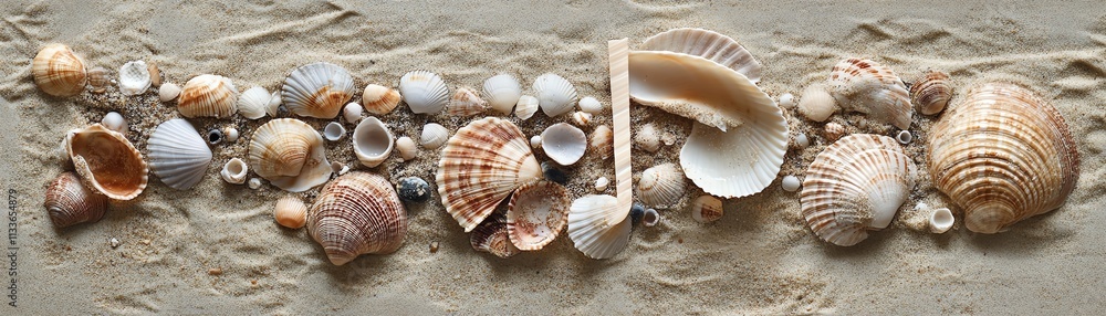 Collection of seashells arranged on sandy beach background. Collection of seashells arranged on sandy beach background.
