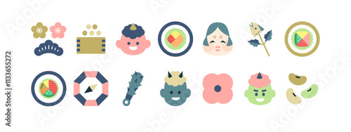 節分アイコンセット｜鬼、豆まき、和風モチーフのカラフルイラスト ベクター コレクション