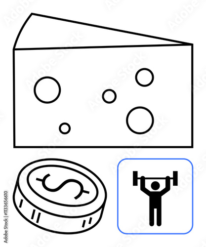 Cheese wedge with holes, coin with dollar sign, weightlifter lifting barbell. Ideal for investments, financial growth, health, wealth, fitness strength training food. Line metaphor