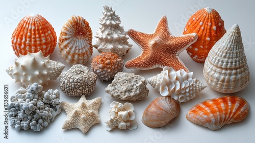 A Diverse Collection of Colorful Seashells and Marine Life Displayed in a Beautiful Arrangement Perfect for Coastal Decor and Nature Lovers photo