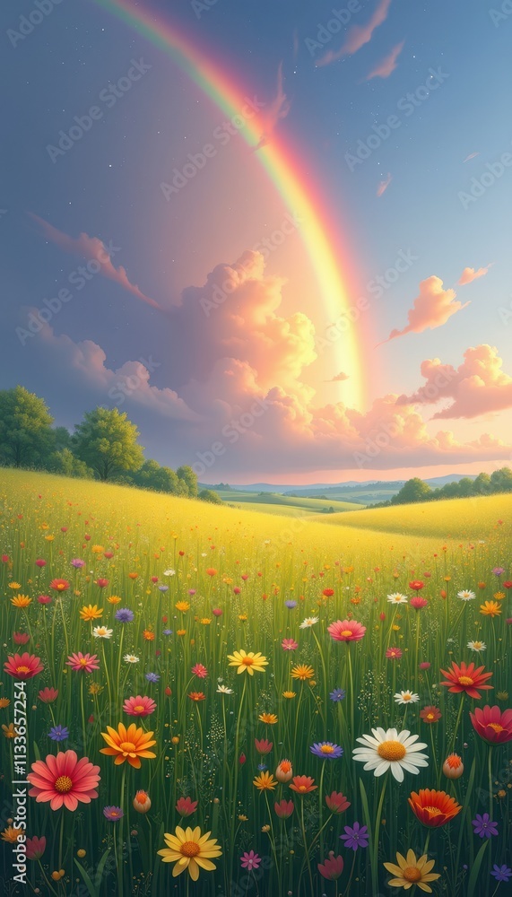 Fototapeta premium Dreamy meadow filled with wildflowers under a vibrant, rainbow-filled sky