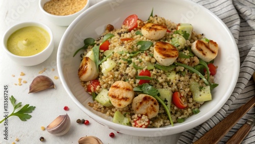 An overhead view captures the intricate details of a quinoa salad with small pieces of roasted garlic mingling a the grains complemented by a bright dressing that cascades