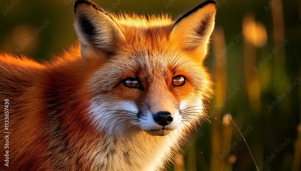 Fototapeta premium Red fox (Vulpes vulpes) portrait in golden light with alert gaze, British wildlife close-up, UK
