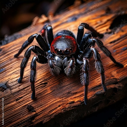 Jumping spider with red head and furry legs on wooden bark, macro close-up