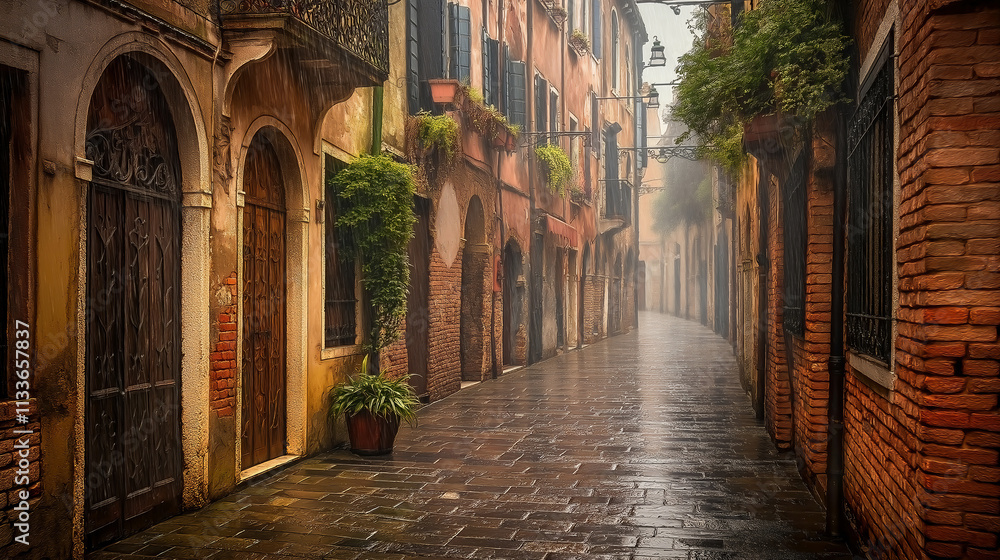 Fototapeta premium Rainy Narrow Street with Old Buildings and Rustic Aesthetic Details