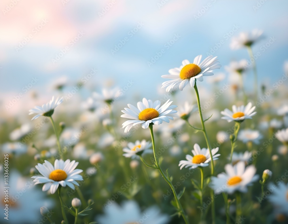 Fototapeta premium daisies, field, white, flowers, background, pastel, gradient, sky, nature, floral, scenery,