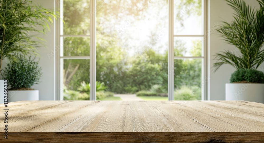 Empty light brown wooden table top in front of blurred home garden scene. Sunlight shines through windows. Plants, plants visible in background garden. Natural light, home design concepts shown. Empty light brown wooden table top in front of blurred home garden scene. Sunlight shines through windows. Plants, plants visible in background garden. Natural light, home design concepts shown.