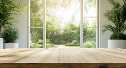 Empty light brown wooden table top in front of blurred home garden scene. Sunlight shines through windows. Plants, plants visible in background garden. Natural light, home design concepts shown.
