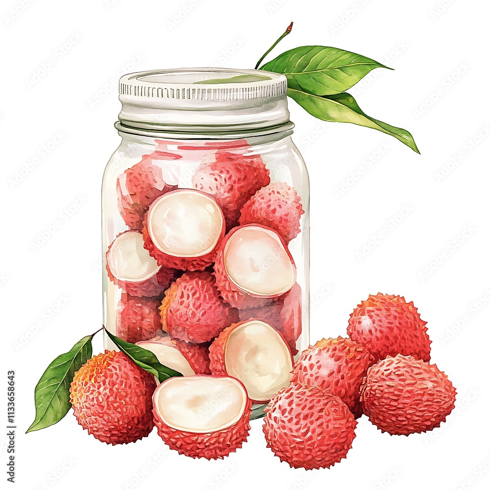Watercolor Illustration of Fresh Lychees in a Glass Jar with Leaves.