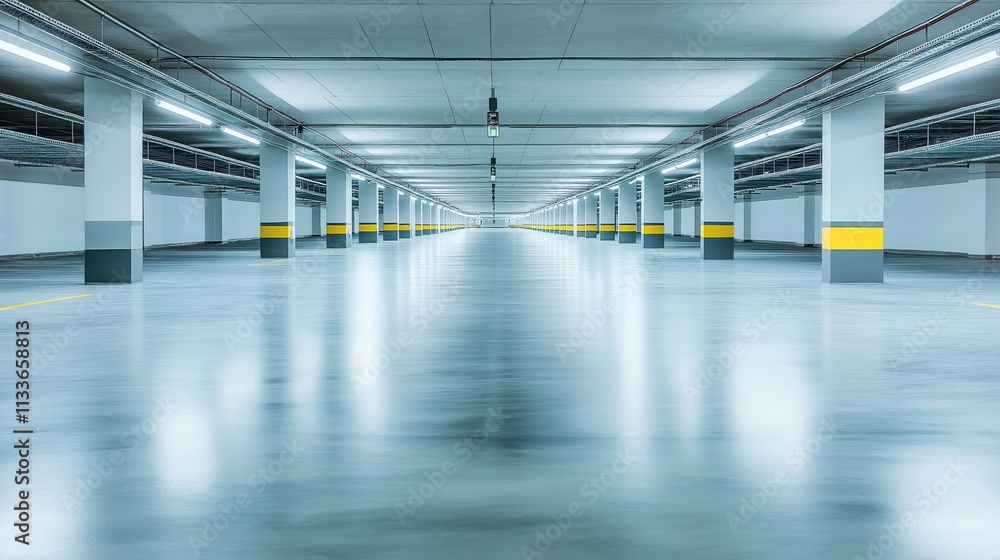 Fototapeta premium Empty modern car parking garage. Daylight fills interior. Supports visible, lined with yellow, gray accents. Floor smooth, reflects light. Feeling of spaciousness, order. Modern design for parking