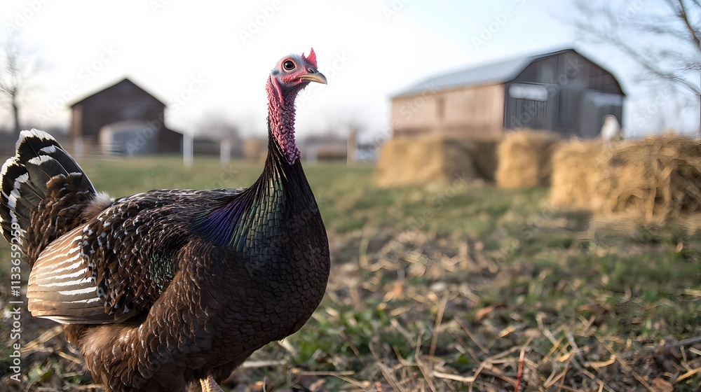 turkey strutting through a farmyard, with a barn and haystacks in the background, conveying a rustic, rural atmosphere. turkey strutting through a farmyard, with a barn and haystacks in the background, conveying a rustic, rural atmosphere.