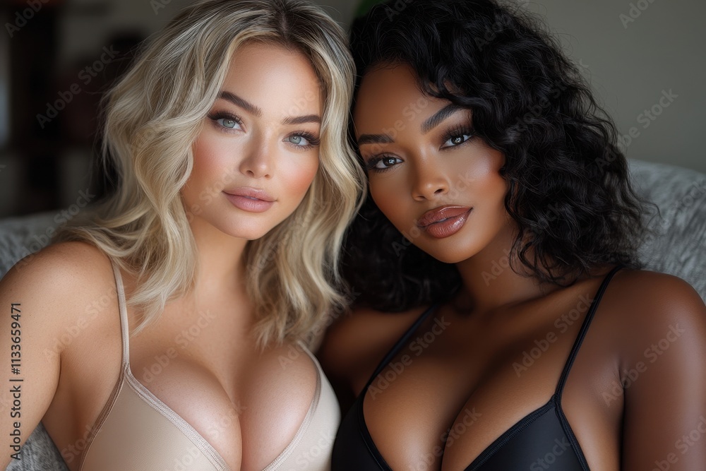 Plus-size models showcase confidence in stylish shapewear bodysuits in modern studio Plus-size models showcase confidence in stylish shapewear bodysuits in modern studio