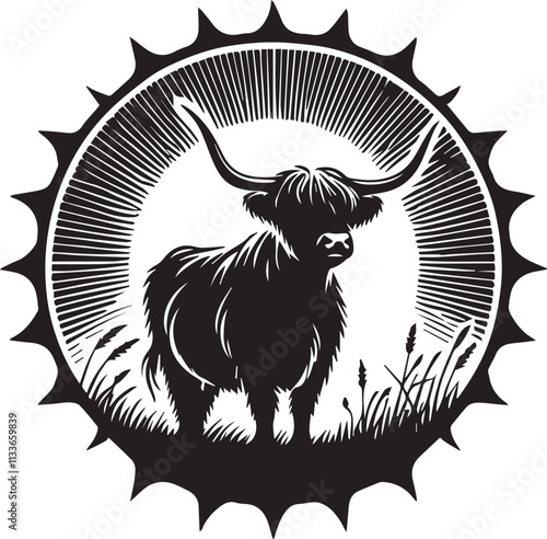 Highland Cow silhouette with horns framing a rising sun vector