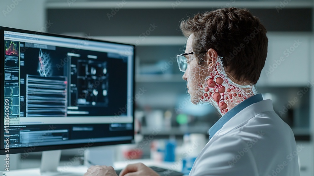 Innovative ENT research lab showcasing a virtual twin of the neck mapping swollen lymph nodes caused by infections leaving copy space at the top for added content Innovative ENT research lab showcasing a virtual twin of the neck mapping swollen lymph nodes caused by infections leaving copy space at the top for added content