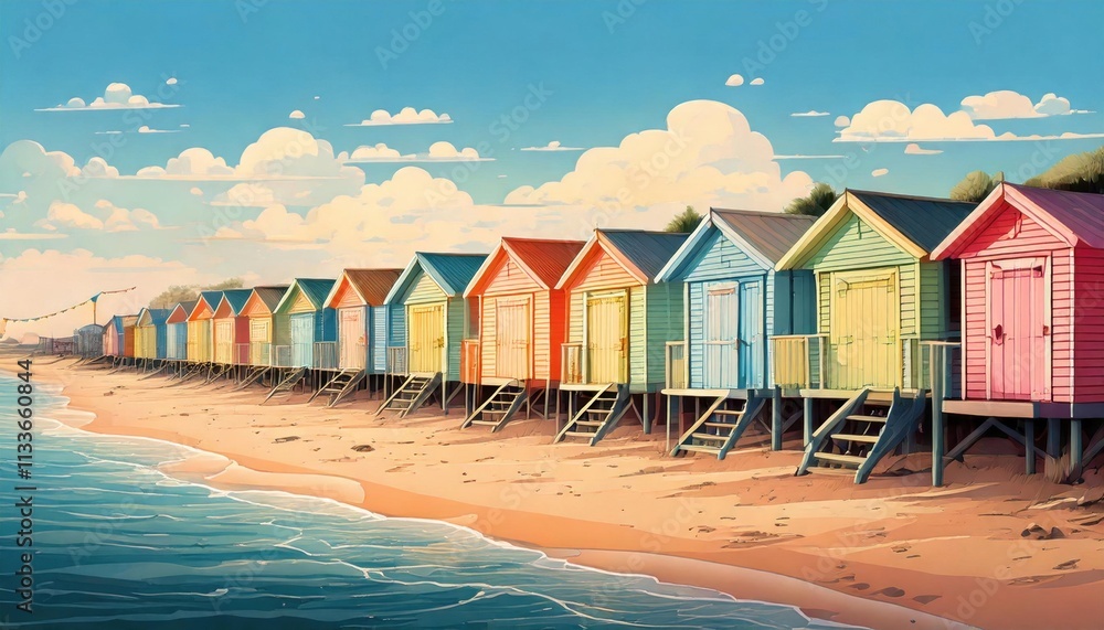 A row of colorful beach huts lined along a sandy shore, with gentle waves lapping at the beach under a bright sky adorned with fluffy clouds. A row of colorful beach huts lined along a sandy shore, with gentle waves lapping at the beach under a bright sky adorned with fluffy clouds.