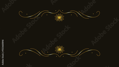 Golden line frame. Rectangular border. Gold title background. Black abstract text banner. Line art. Wedding model frame. Copy space. Luxury and sophistication. Glitter and shiny square. Floral line.
