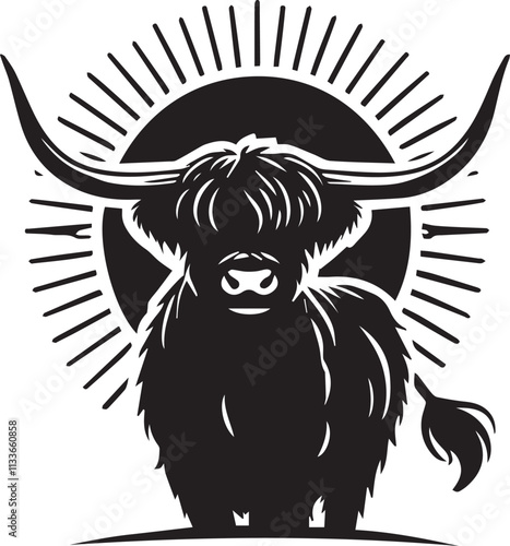 Highland Cow silhouette with horns framing a rising sun vector