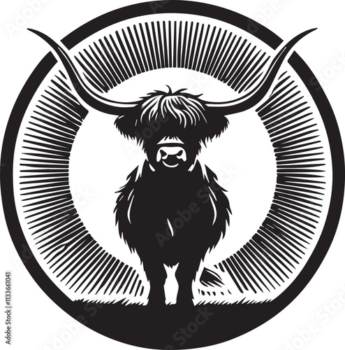 Highland Cow silhouette with horns framing a rising sun vector