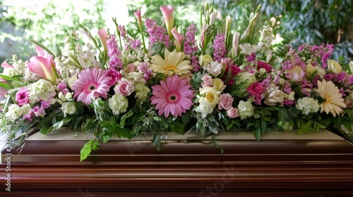 Wallpaper Mural Tranquil Tribute: Funeral Flowers Adorning Casket with Simple Elegance and Graceful Honor Torontodigital.ca